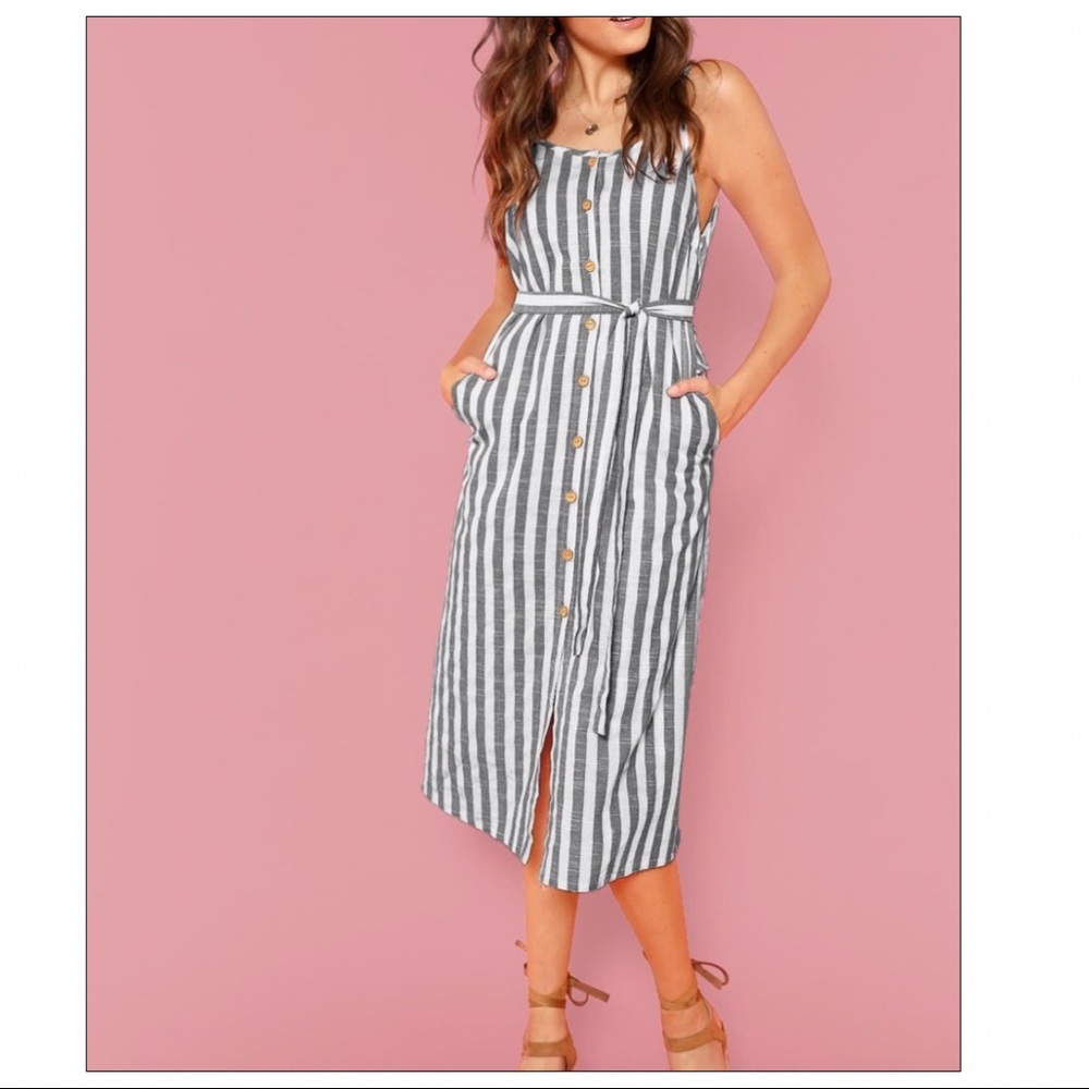 Blue and white striped dress